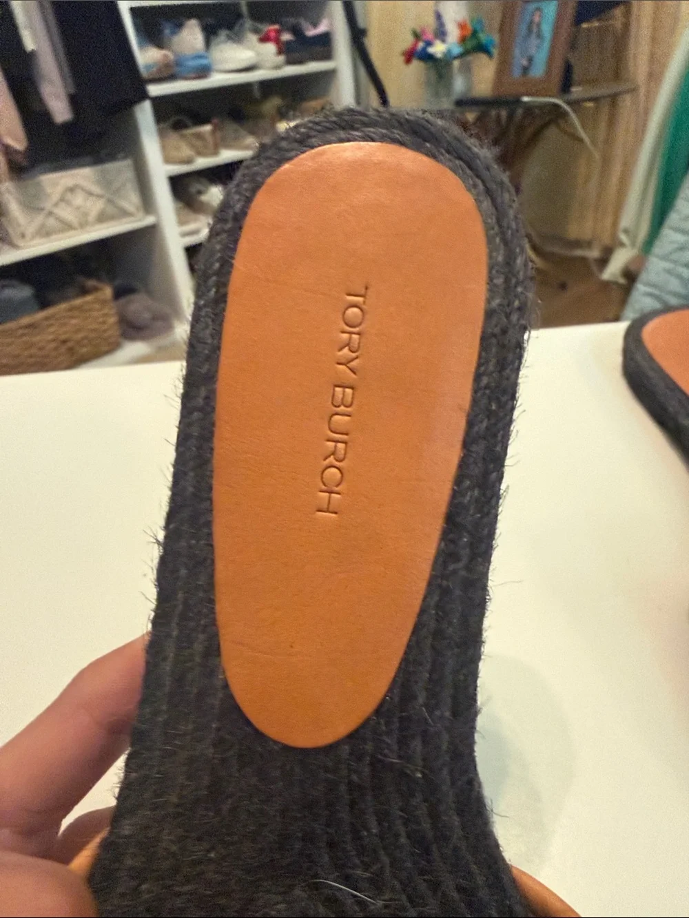 Tory Burch Navy Minogram Logo Espadrille Sandals with Brown Trim